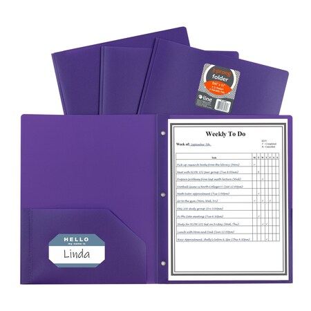 C-Line Products TwoPocket Heavyweight Poly Portfolio Folder with Prongs, Purple, 25PK 33969-BX